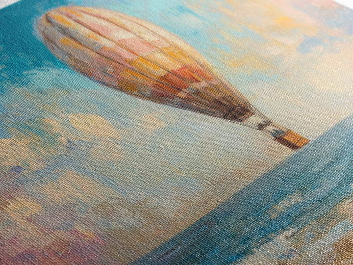 Hot Air Balloon Drifting Over Ocean Canvas Print, Coastal Wall Art, Travel Poster Style, Colorful Beach House Living Room Decor