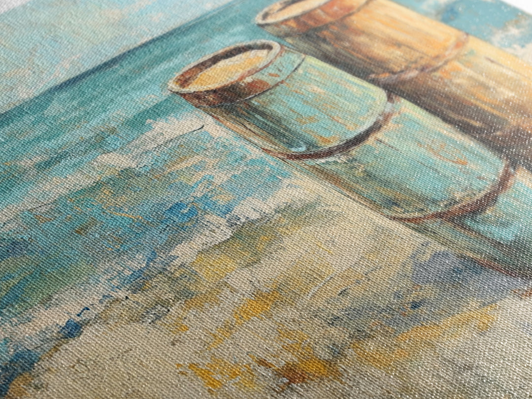 Weathered Barrels On Sandy Beach Wall Art, Coastal Canvas Print, Nautical Beach House Decor, Seascape Ocean Living Room Art