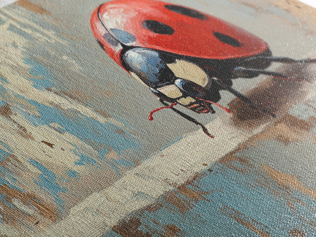 Red Ladybug Macro In Textured Garden Wall Art, Whimsical Animal Canvas Print, Nature Decor, Kids Room Art Gift, Cute Wall Decor