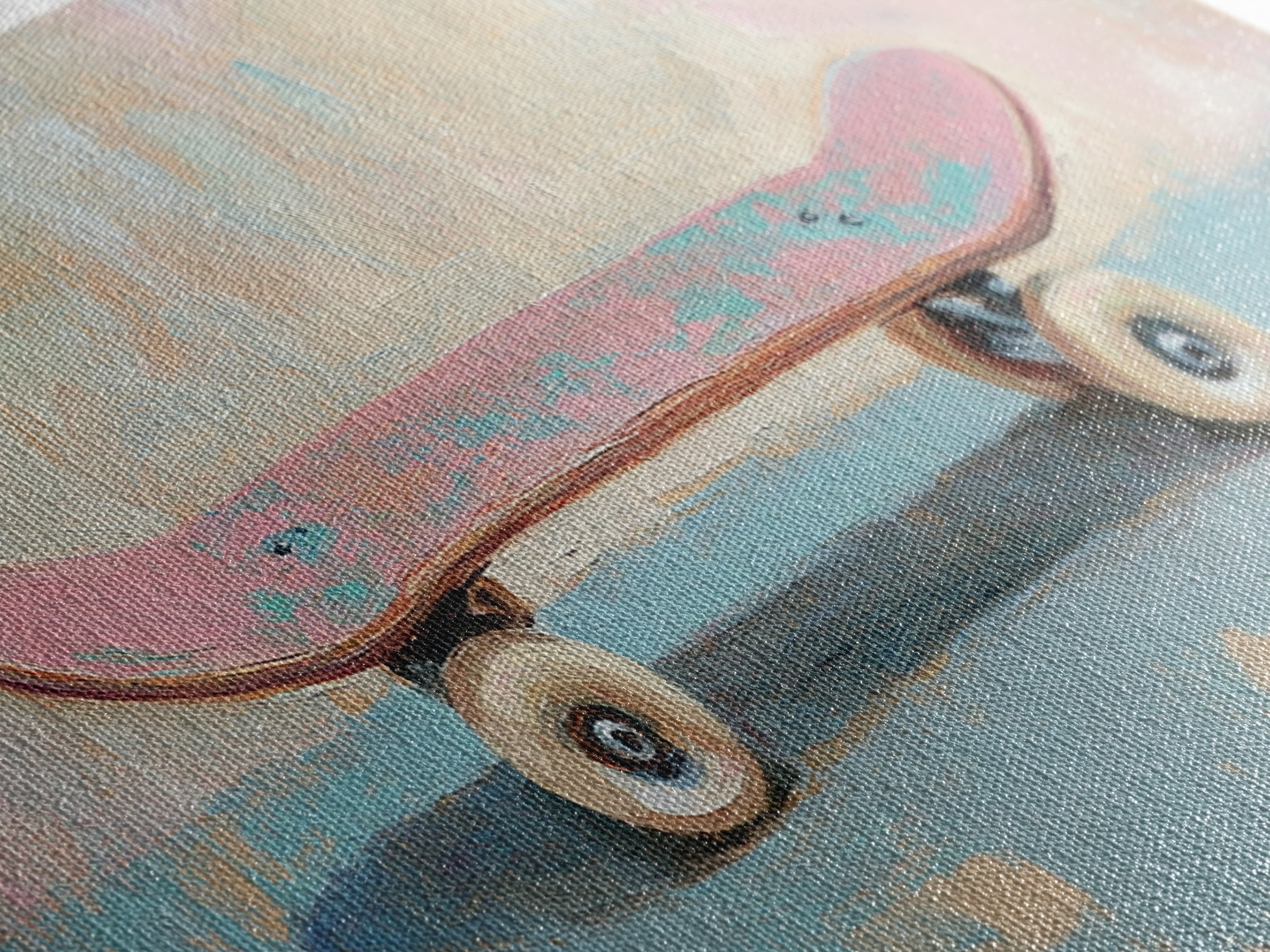 Pink Skateboard On Blue Wall Framed Canvas Print, Retro Wall Art, Teen Room Decor, Preppy Wall Art, Dopamine Decor Gift Idea