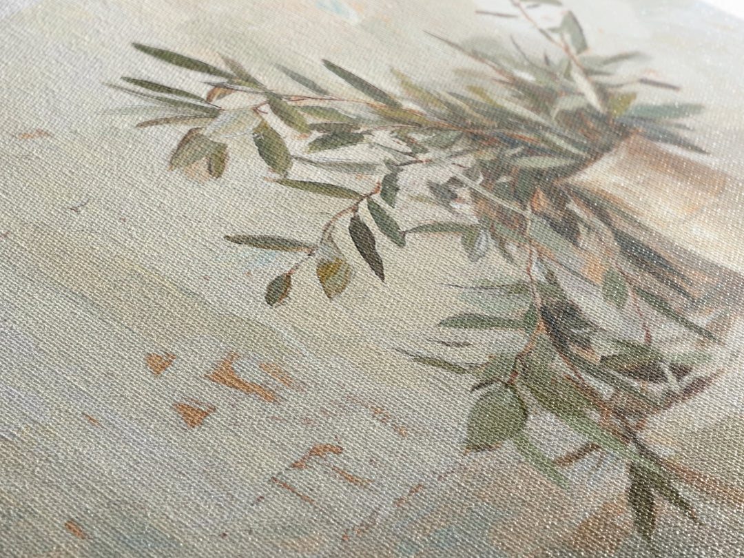 Olive Branches In Ceramic Vase Framed Canvas Print, Neutral Kitchen Decor, Botanical Wall Art, Mediterranean Home Decor Gift
