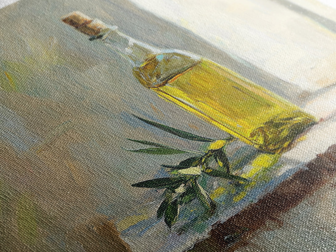 Sunlit Olive Oil Bottle On Rustic Shelf Canvas Print, Mediterranean Kitchen Wall Art, Still Life Painting, Fine Art Print