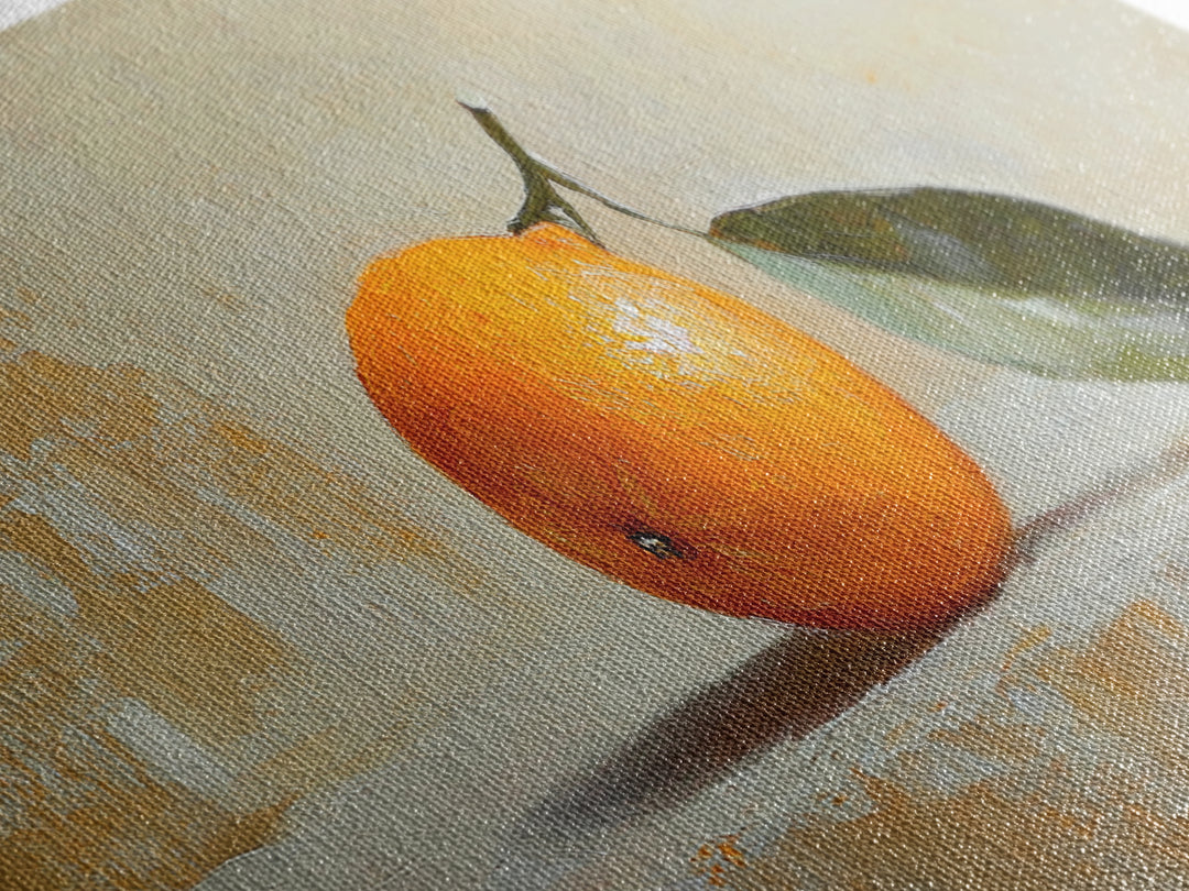 Single Orange With Glossy Green Leaf Canvas Print, Minimalist Kitchen Wall Art, Fruit Still Life, Modern Home Decor Gift