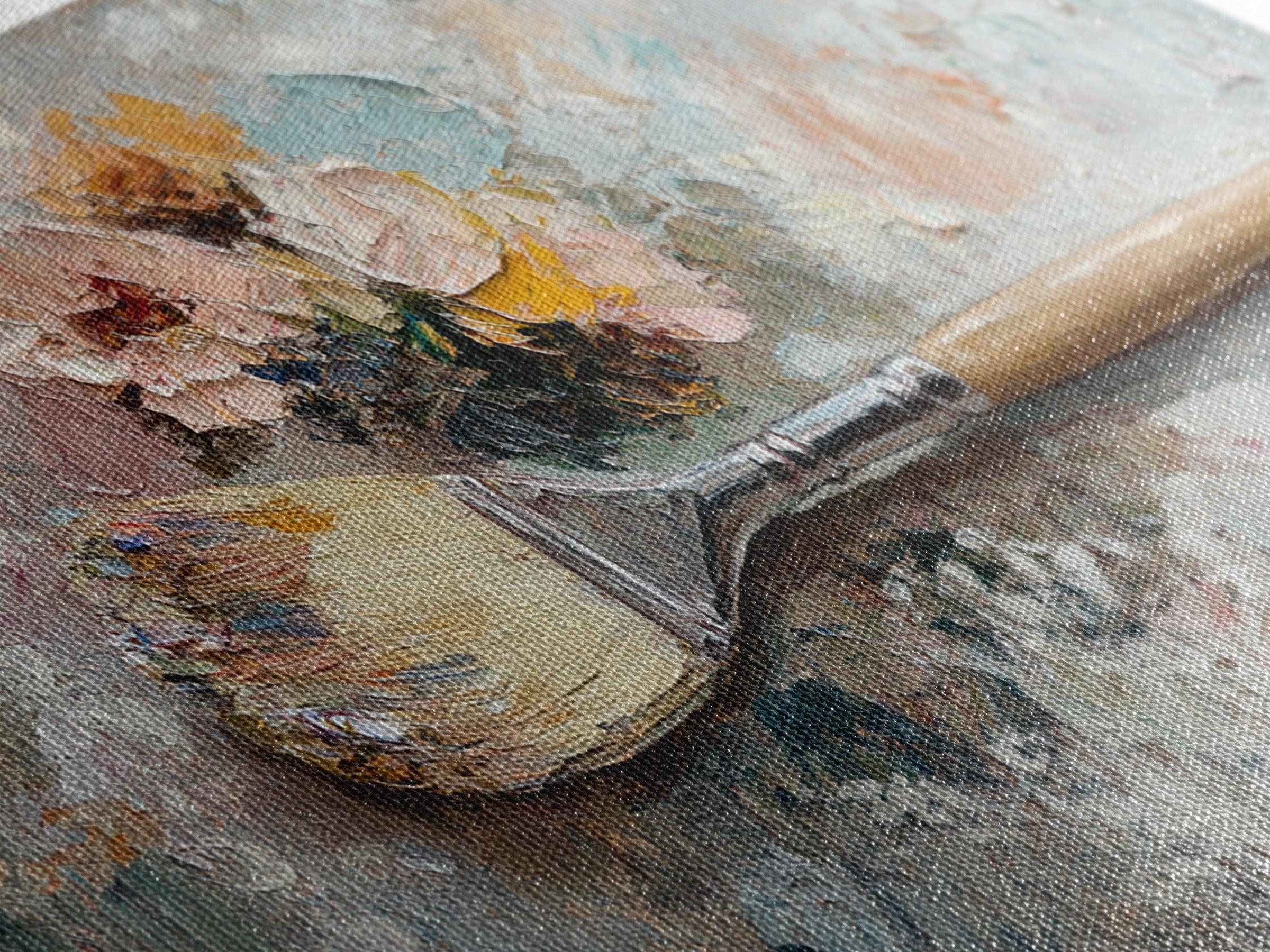 Palette Knife Paintbrush With Soft Roses Wall Art, Artist Studio Decor, Floral Still Life Canvas Print, Gift For Art Lover