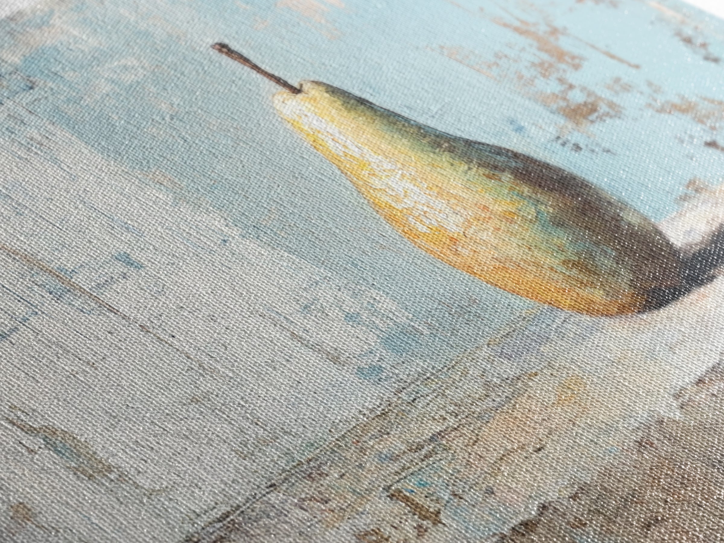 Golden Pear Still Life On Blue Rustic Canvas Print, Kitchen Wall Art, Farmhouse Fruit Decor, Neutral Home Decor, For Dining Room