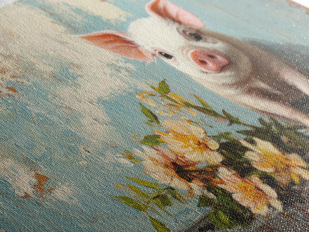 Cute Piglet With Spring Flowers Canvas Print, Farm Animal Wall Art, Whimsical Nursery Decor, Farmhouse Kitchen Wall Decor
