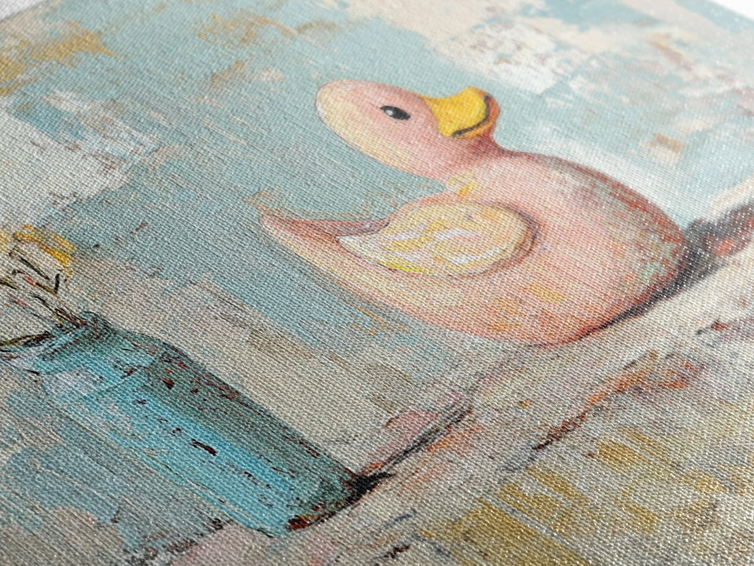 Whimsical Pink Duck With Flowers Canvas Print, Cute Bathroom Wall Art, Nursery Decor, Playroom Art, Gift For Her, Kids Room Decor