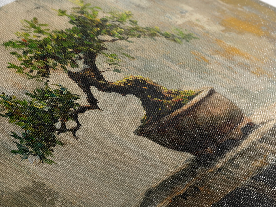 Textured Bonsai Tree In Rustic Pot Framed Canvas Print, Japandi Zen Home Decor, Nature Wall Art, Office Decor Housewarming Gift