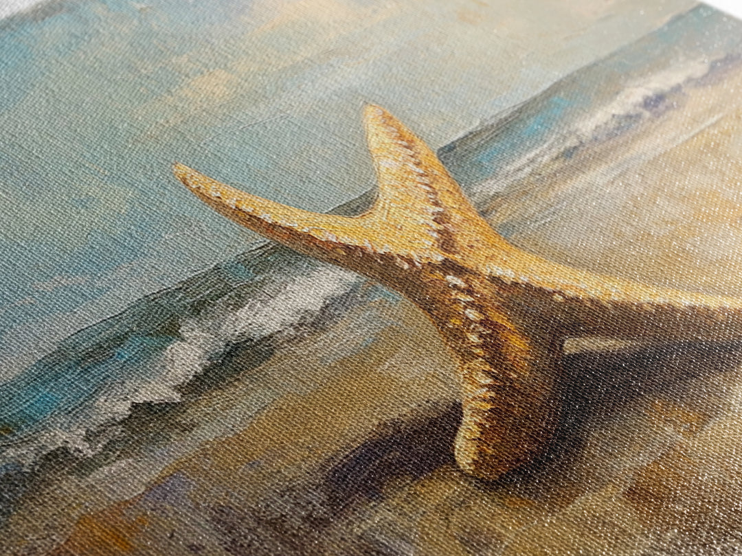 Golden Starfish On Sandy Beach Canvas Print, Coastal Wall Art, Ocean Wall Decor, Beach House Decor, Summer Home Decor Gift