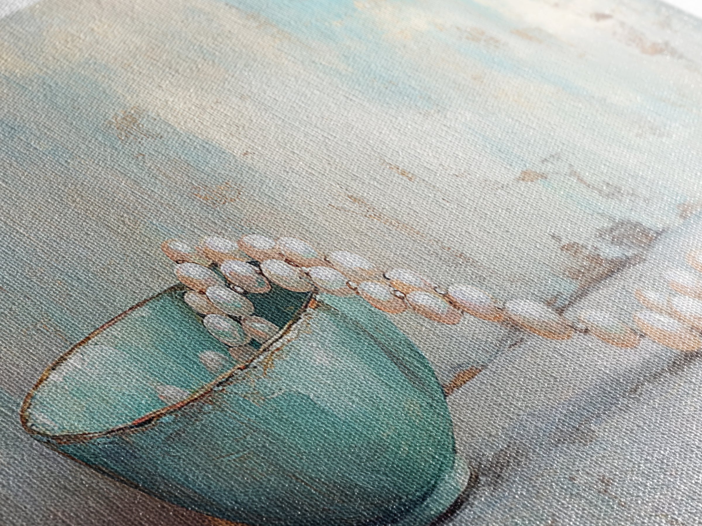 Turquoise Bowl With Pearl Strand Wall Art, Feminine Still Life Art Print, Coastal Bathroom Decor, Elegant Home Decor Gift