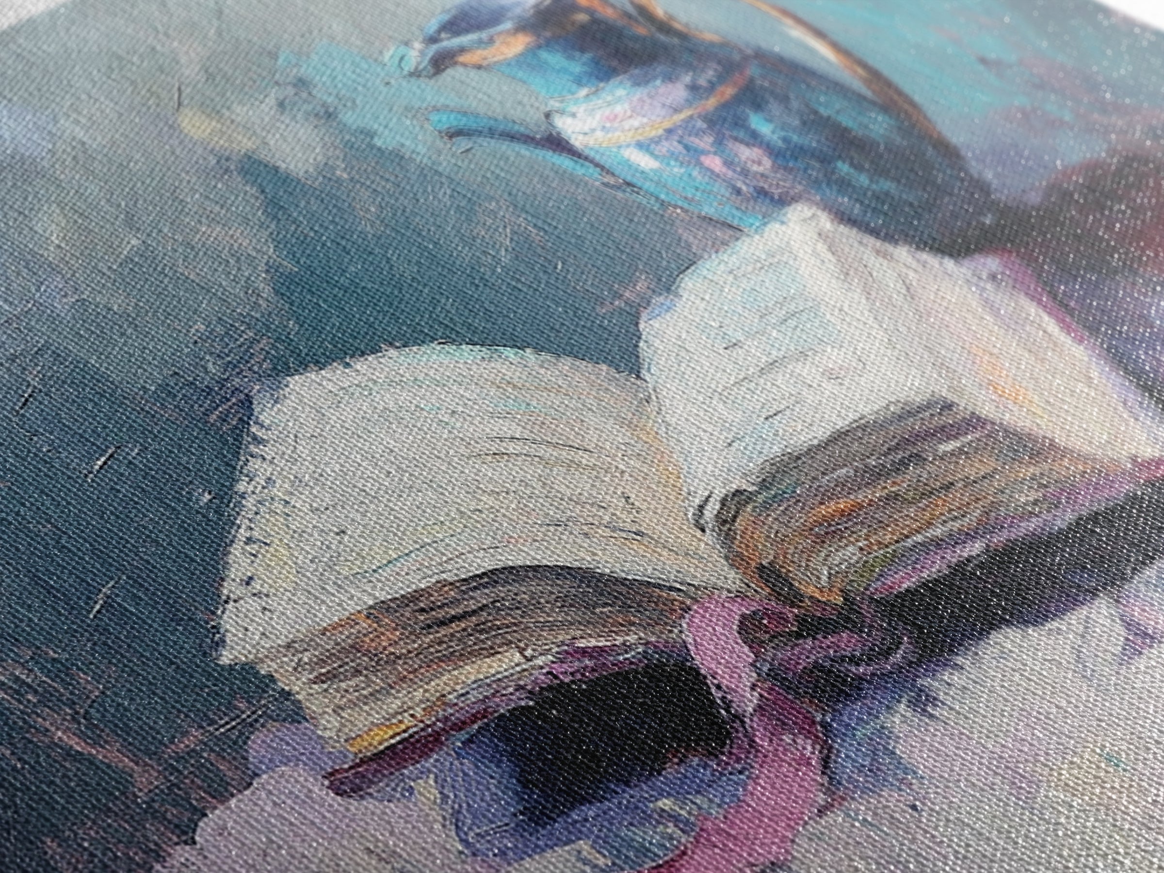 Open Book And Blue Pitcher Wall Art, Cozy Library Home Decor, Reading Nook Art Print, Book Lover Framed Canvas Print Gift