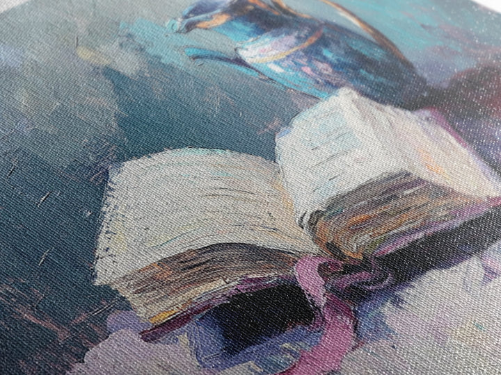 Open Book And Blue Pitcher Wall Art, Cozy Library Home Decor, Reading Nook Art Print, Book Lover Framed Canvas Print Gift