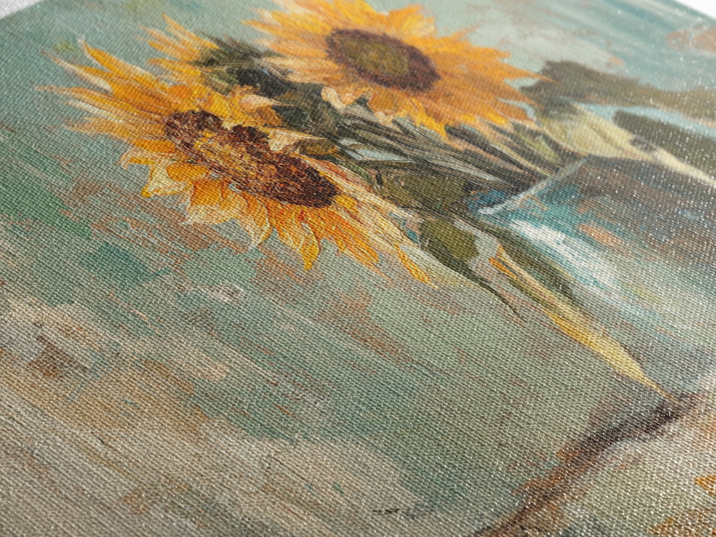 Sunflowers In Turquoise Pitcher Wall Art, Rustic Floral Decor, Country Kitchen Art Print, Farmhouse Framed Canvas Print Gift