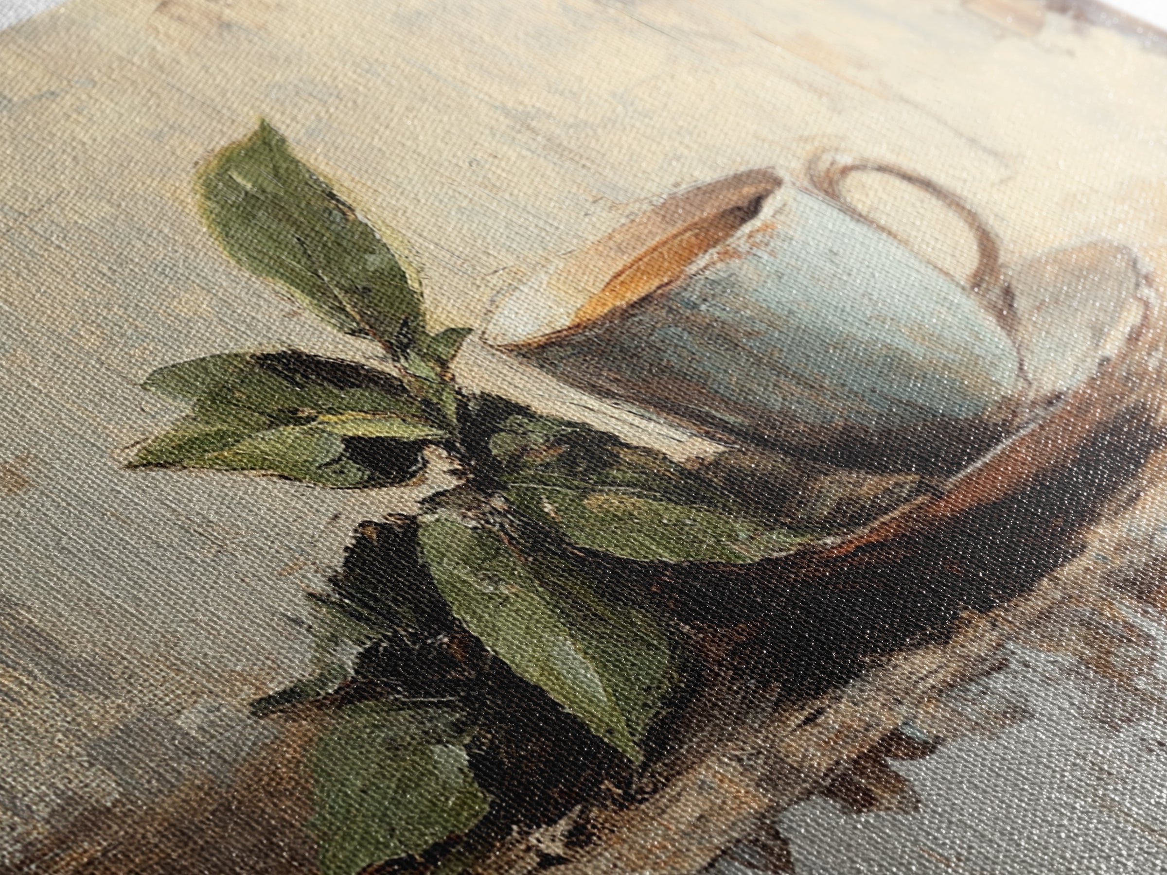 Leafy Coffee Cup Still Life, Rustic Kitchen Canvas Print, Botanical Wall Art, Coffee Bar Decor, Neutral Home Decor Housewarming Gift