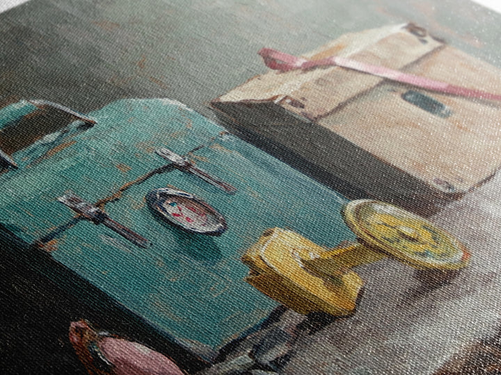 Turquoise Toolbox And Cardboard Box Wall Art, Industrial Still Life Canvas Print, Garage Decor, Workshop Office Decor, Gift For Him