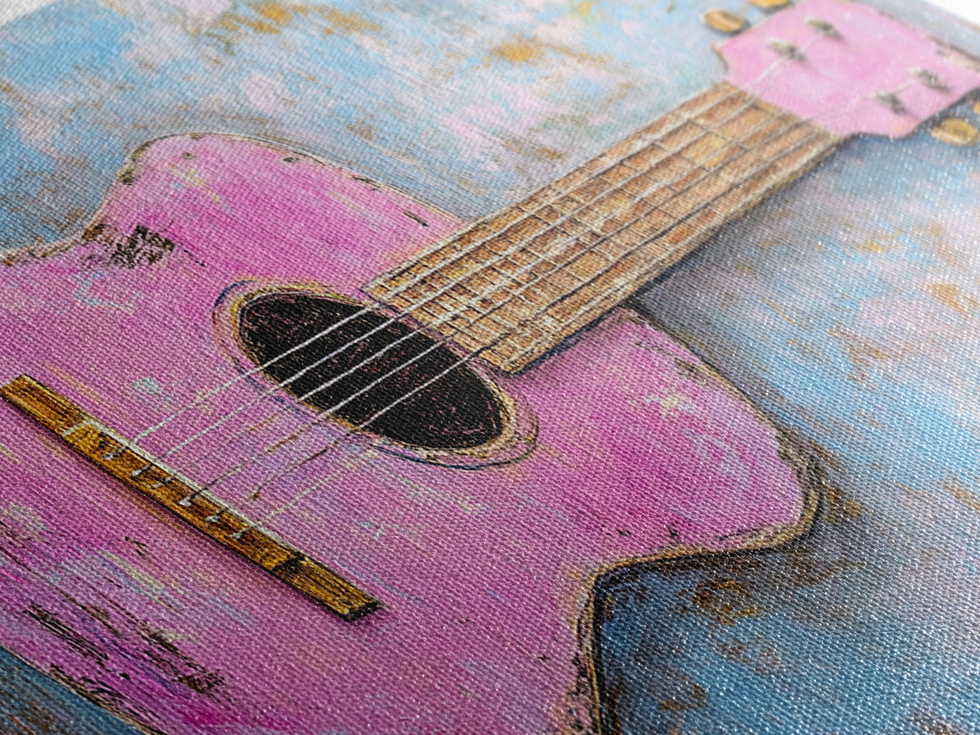 Pink Acoustic Guitar Painting Canvas Print, Music Studio Wall Art, Retro Music Room Decor, Gift For Guitar Lover And Home Decor