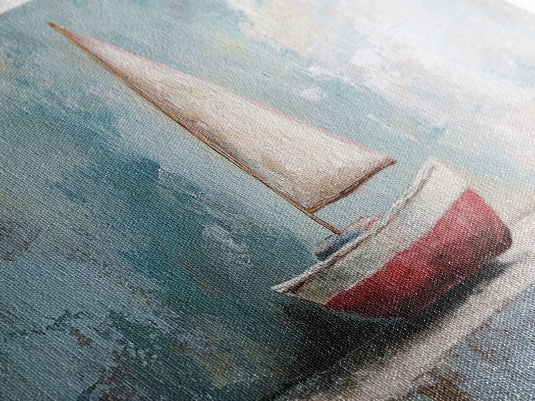 Red And White Sailboat Still Life Canvas Print, Nautical Wall Art, Coastal Home Decor, Beach House Gift And Ocean Nursery Decor