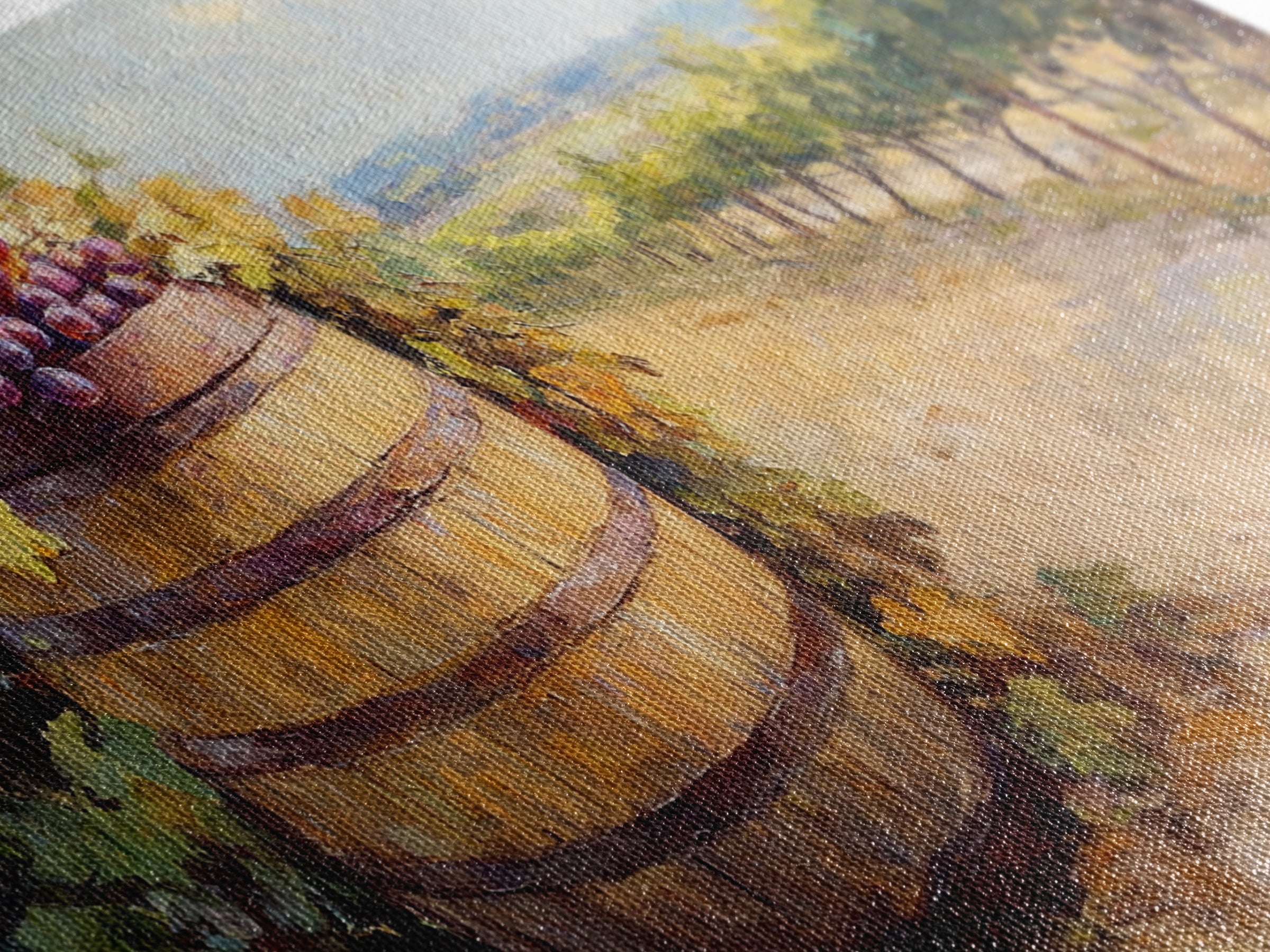 Wine Barrel And Grapes Vineyard Landscape Canvas Print, Winery Wall Art, Rustic Kitchen Decor, French Country Decor, Gift For Wine Lover
