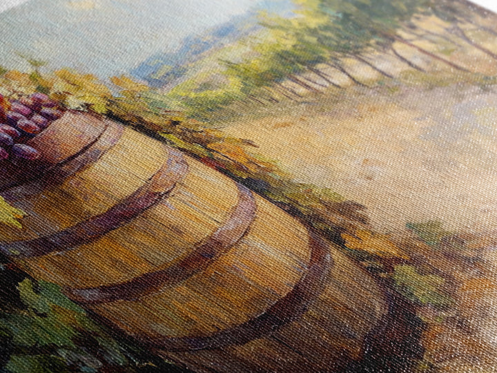 Wine Barrel And Grapes Vineyard Landscape Canvas Print, Winery Wall Art, Rustic Kitchen Decor, French Country Decor, Gift For Wine Lover