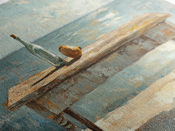 Weathered Seaside Table With Bottle Canvas Print, Coastal Wall Art, Beach House Decor, Ocean Painting, Nautical Living Room Decor
