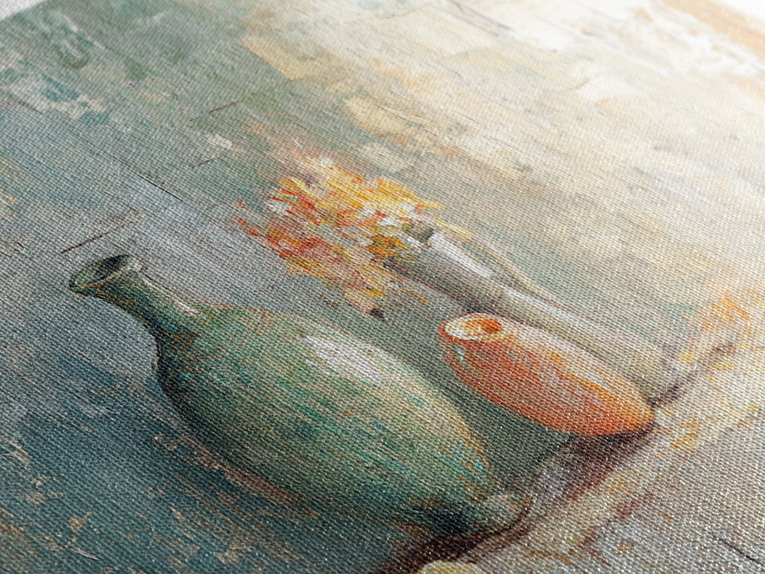 Textured Vases With Tiny Orange Flowers Canvas Print, Neutral Wall Art, Modern Farmhouse Decor, Still Life Painting, Gift For Her