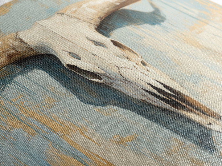 Longhorn Skull On Rustic Blue Plaster Wall Art, Western Ranch Decor, Southwestern Home Decor, Cowboy Canvas Art Print Gift