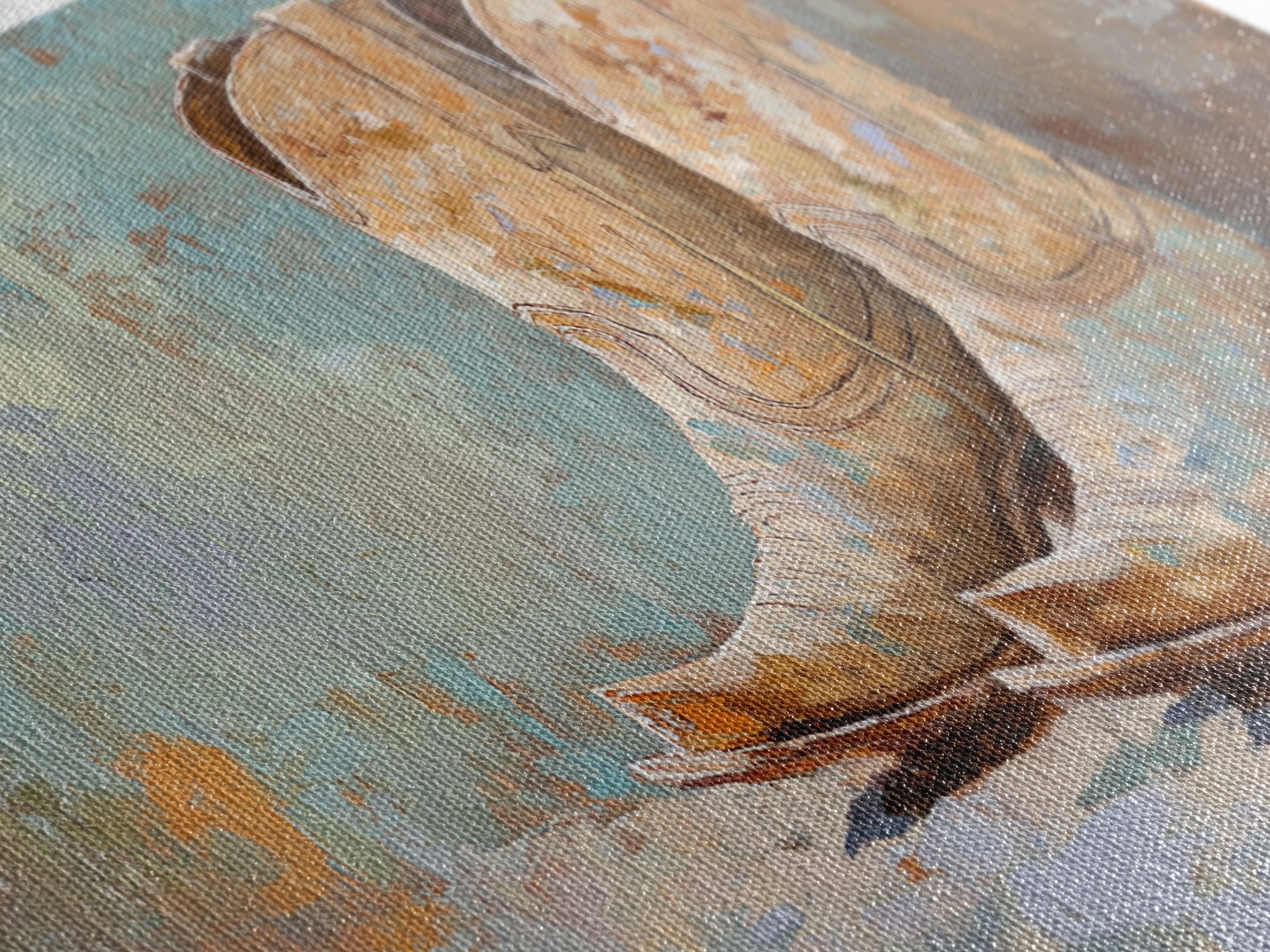 Weathered Cowboy Boots On Textured Blue Canvas Print, Western Wall Decor, Rustic Ranch Home Decor, Cowgirl Gift For Her Art