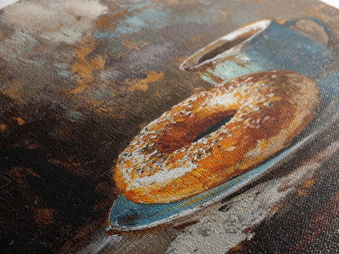 Rustic Coffee And Bagel Still Life Canvas Print, Cozy Kitchen Wall Art, Breakfast Nook Decor, Cafe Art Print Gift For Foodie
