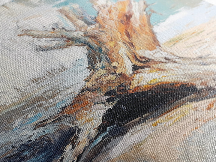 Textured Driftwood Stump On Sandy Shore Wall Art, Coastal Beach House Decor, Neutral Nature Print, Rustic Seaside Painting