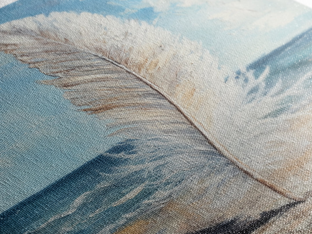 White Feather On Ocean Shore Canvas Print, Coastal Beach Wall Art, Serene Seascape Painting For Calm Bedroom And Beach House Decor