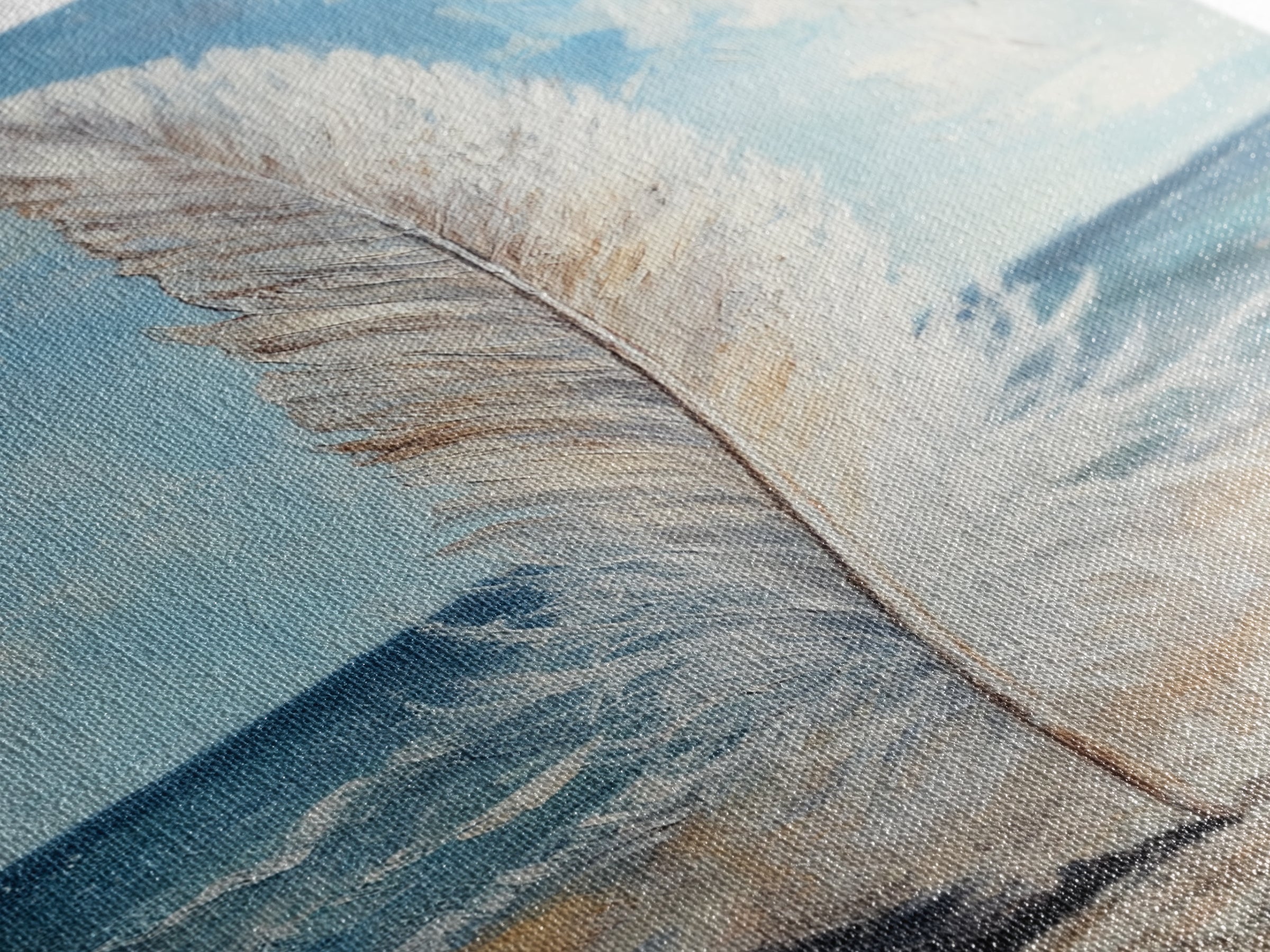 White Feather On Ocean Shore Canvas Print, Coastal Beach Wall Art, Serene Seascape Painting For Calm Bedroom And Beach House Decor