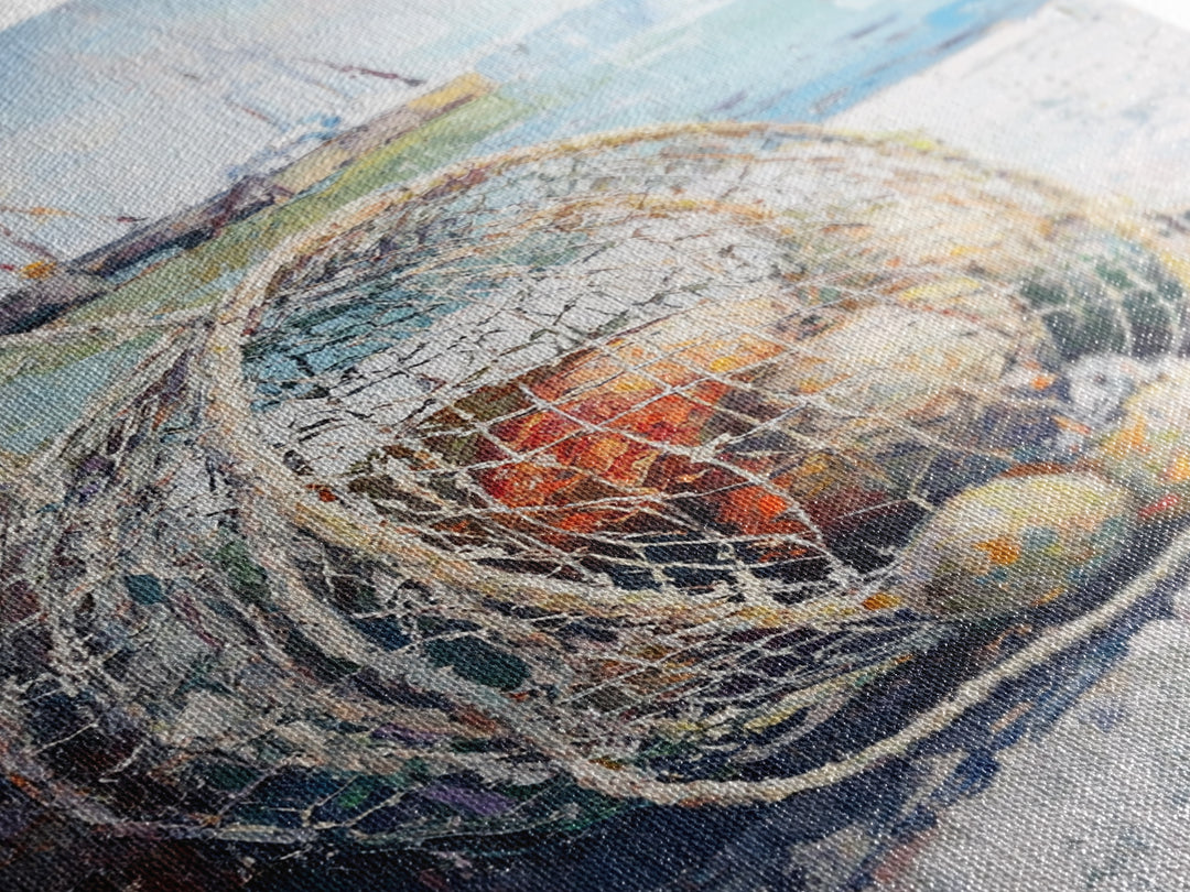 Fishing Net And Buoys By Harbor Wall Art, Coastal Wall Decor, Nautical Canvas Print, Beach House Decor, Ocean Art, Gift For Him