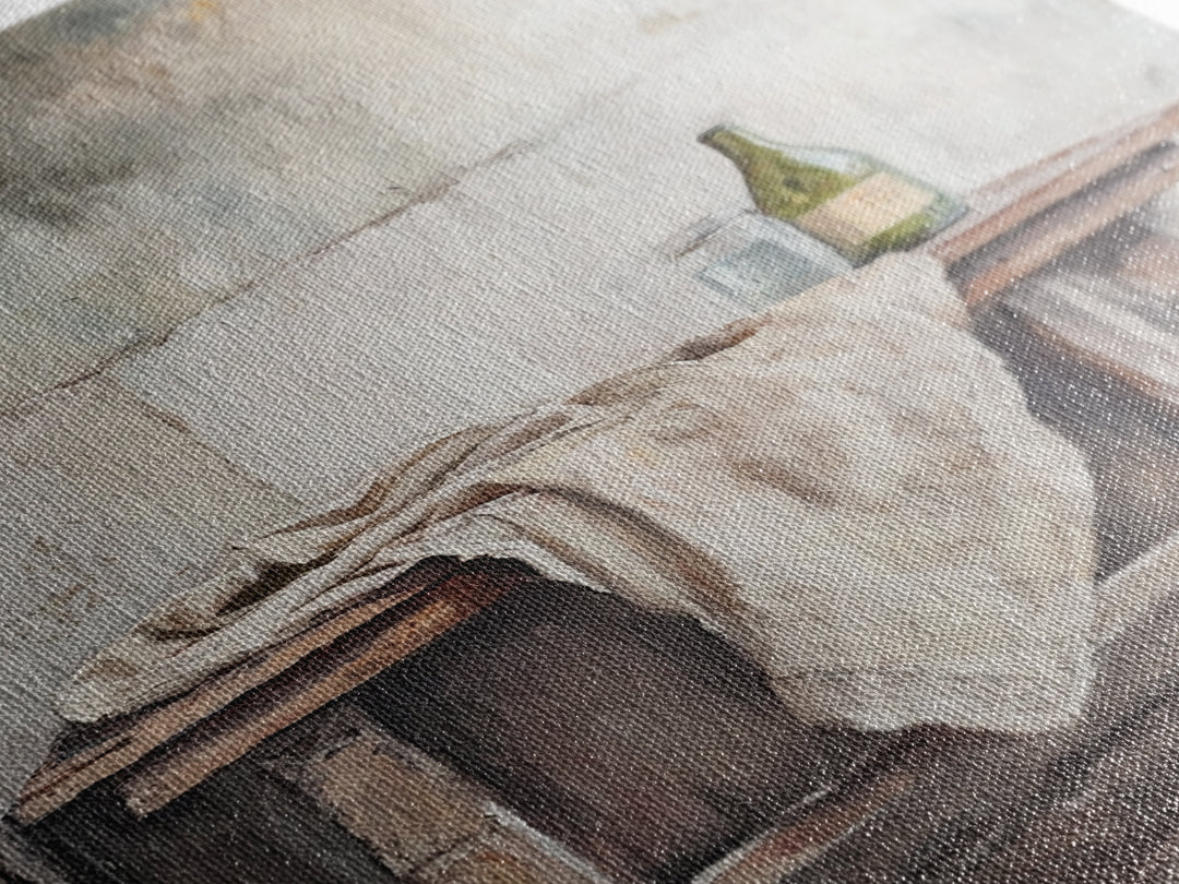 Rustic Wine Bottle And Linen On Weathered Table Framed Canvas Print, Neutral Farmhouse Kitchen Wall Decor Gift For New Home