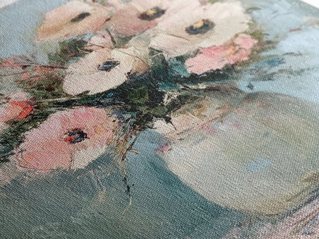 Soft Pink Poppies In Pale Ceramic Vase Wall Art, Textured Floral Canvas Print, Feminine Bedroom Decor Romantic Gift For Her