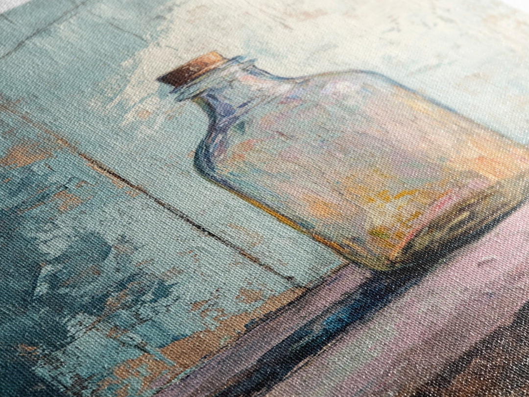 Iridescent Glass Bottle On Blue Plaster Wall Art, Minimalist Still Life Print, Wabi Sabi Kitchen Decor, Modern Home Gift