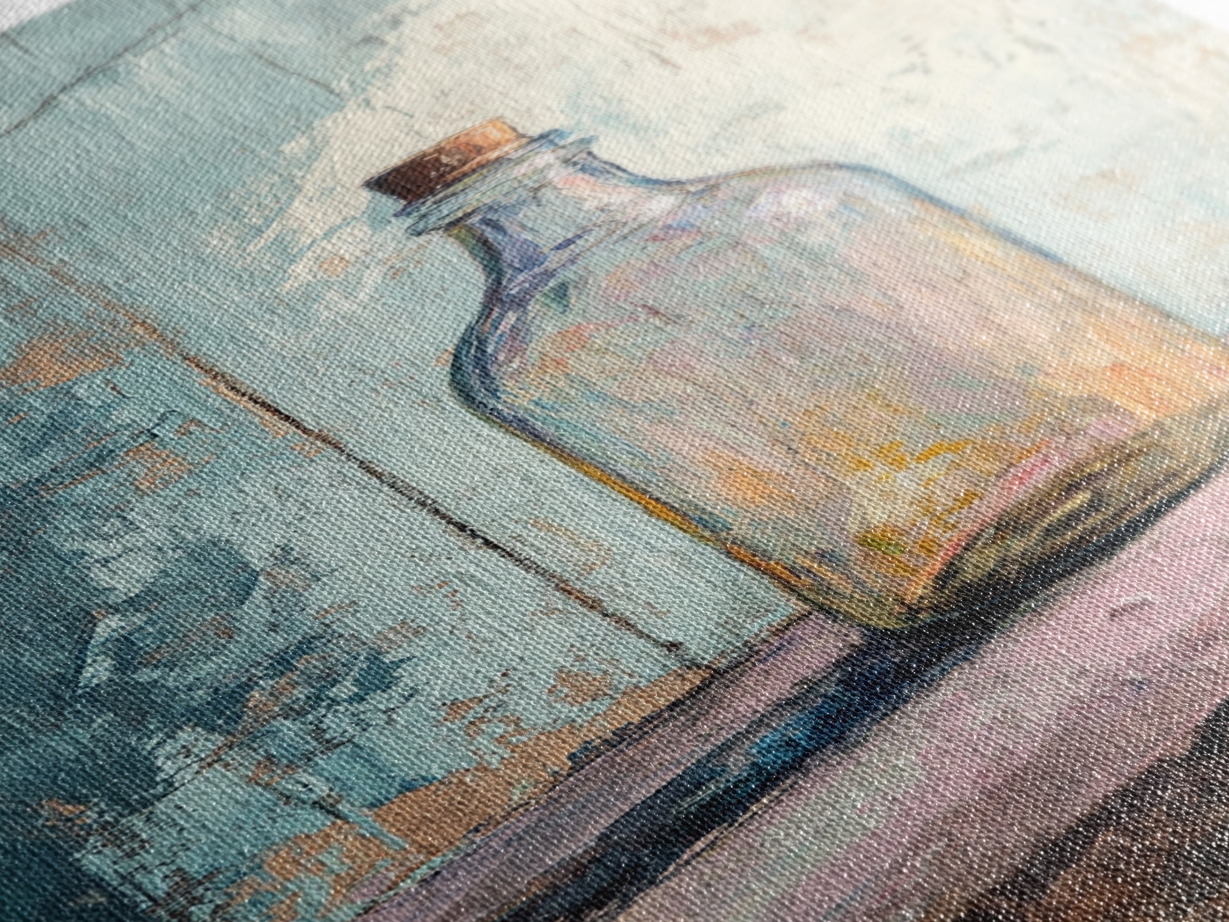 Iridescent Glass Bottle On Blue Plaster Wall Art, Minimalist Still Life Print, Wabi Sabi Kitchen Decor, Modern Home Gift