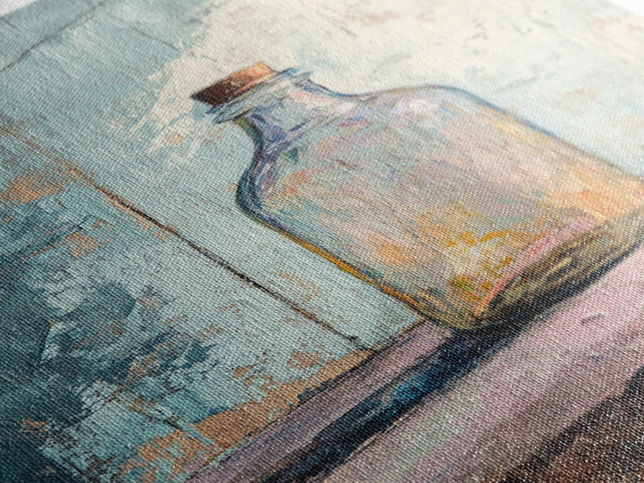 Iridescent Glass Bottle On Blue Plaster Wall Art, Minimalist Still Life Print, Wabi Sabi Kitchen Decor, Modern Home Gift