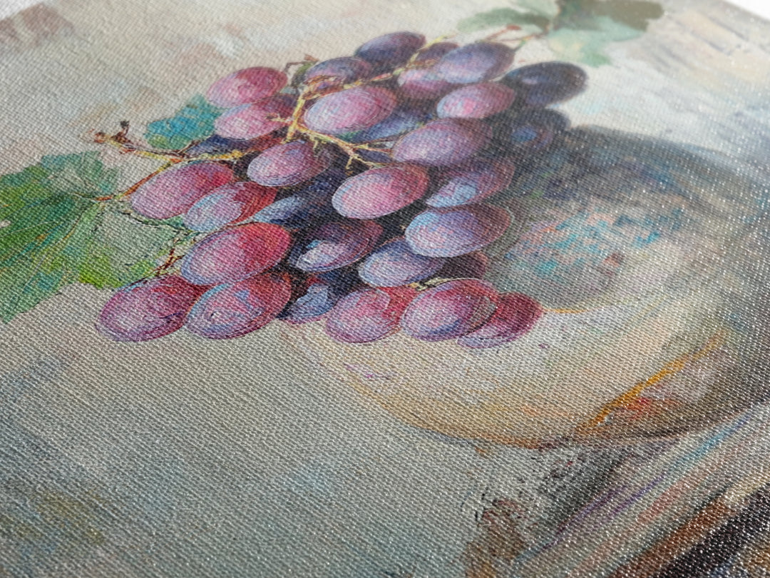 Purple Grapes In Rustic Ceramic Vase Wall Art, Vineyard Still Life Oil Painting, Wine Kitchen Decor, Farmhouse Canvas Print