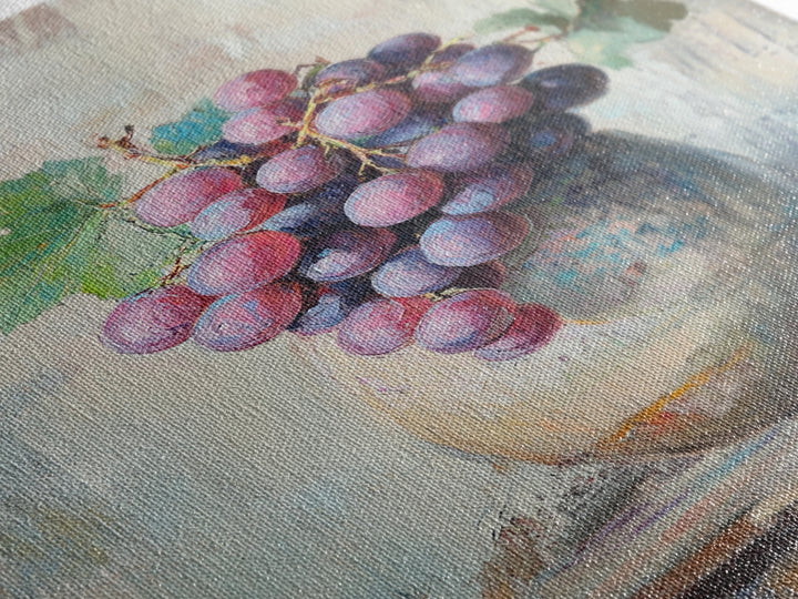 Purple Grapes In Rustic Ceramic Vase Wall Art, Vineyard Still Life Oil Painting, Wine Kitchen Decor, Farmhouse Canvas Print