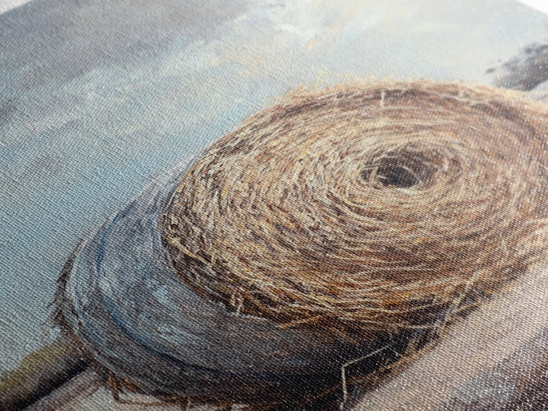 Round Hay Bale Field Wall Art, Rustic Farmhouse Landscape Painting, Country Home Decor, Neutral Large Canvas Print Gift For Her