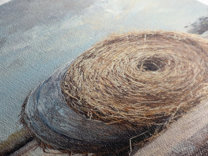 Round Hay Bale Field Wall Art, Rustic Farmhouse Landscape Painting, Country Home Decor, Neutral Large Canvas Print Gift For Her