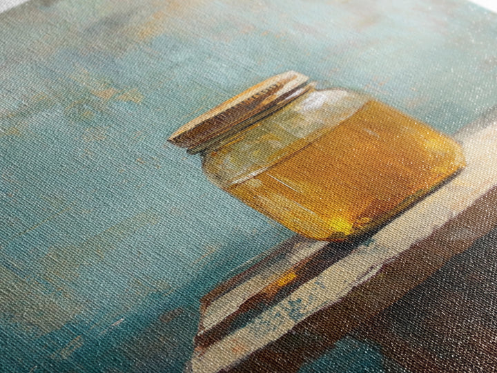 Golden Honey Jar Canvas Print, Rustic Kitchen Wall Art, Farmhouse Still Life Decor, Bee Lover Gift, Modern Home Decor Art