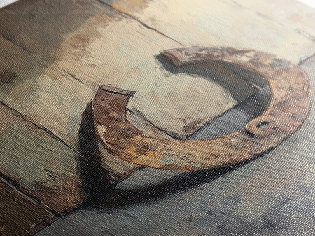 Rusty Horseshoe Still Life Wall Art, Western Farmhouse Decor, Rustic Country Canvas Print, Horse Lover Gift For Him Man Cave Decor