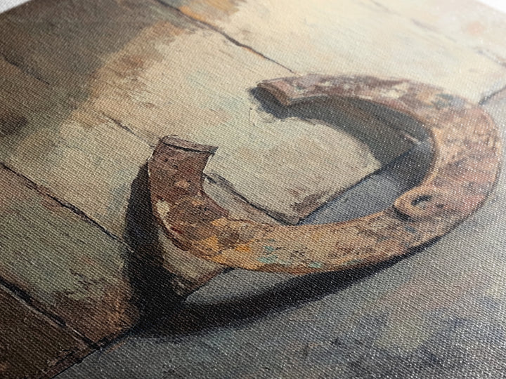 Rusty Horseshoe Still Life Wall Art, Western Farmhouse Decor, Rustic Country Canvas Print, Horse Lover Gift For Him Man Cave Decor