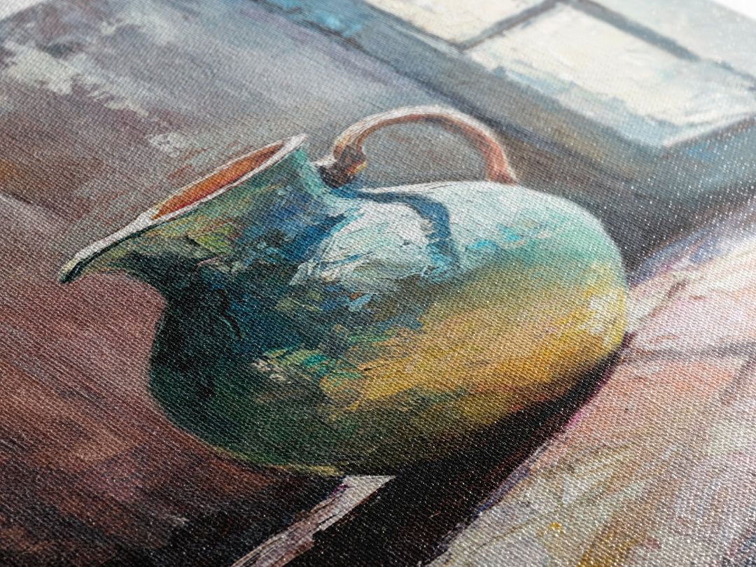 Turquoise Pitcher By Sunlit Window Wall Art, Rustic Kitchen Decor, Still Life Oil Painting, Farmhouse Home Decor Gift For Her