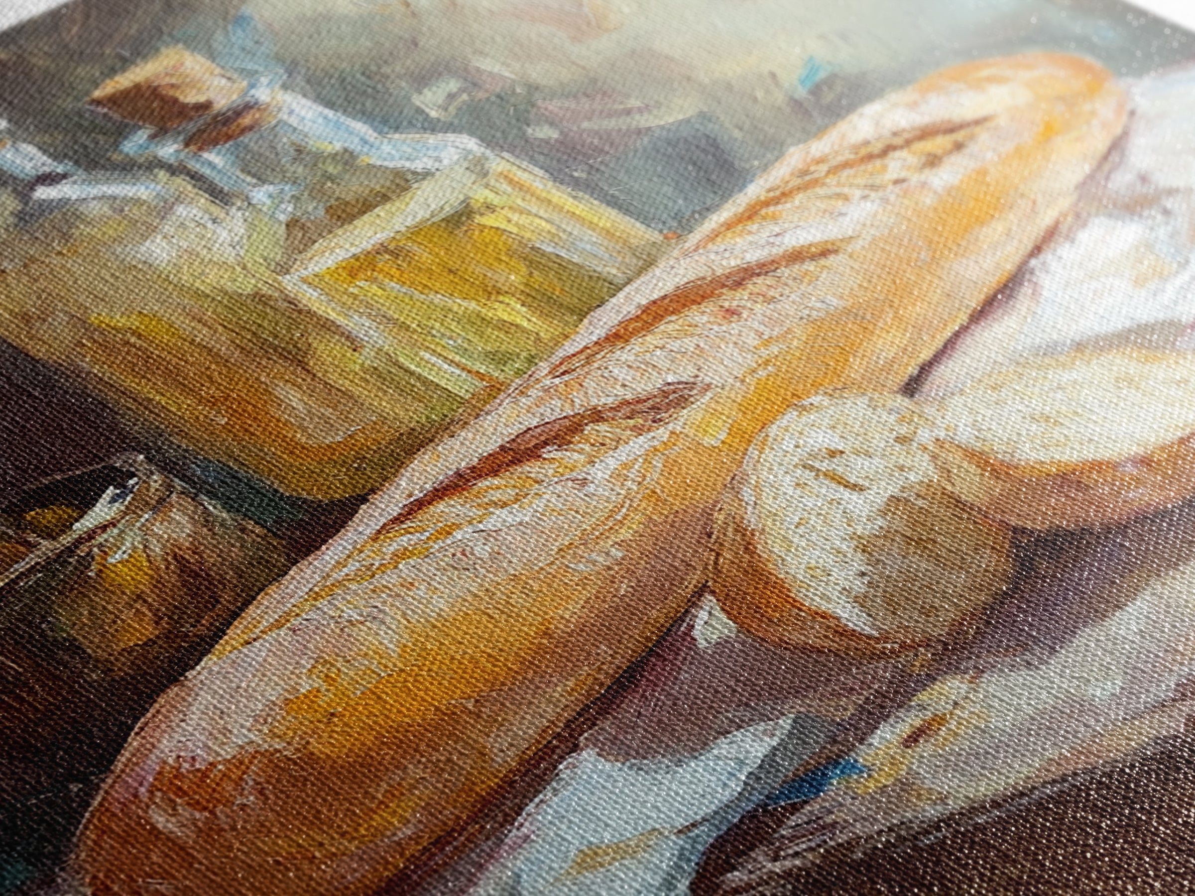 Rustic Baguette And Olive Oil Still Life Canvas Print, French Kitchen Wall Art, Bakery Decor, Food Lover Housewarming Gift