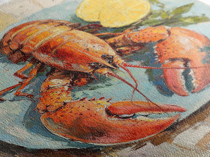 Red Lobster With Lemon Seafood Wall Art, Coastal Kitchen Decor, Nautical Canvas Print, Beach House Decor Gift For Food Lover