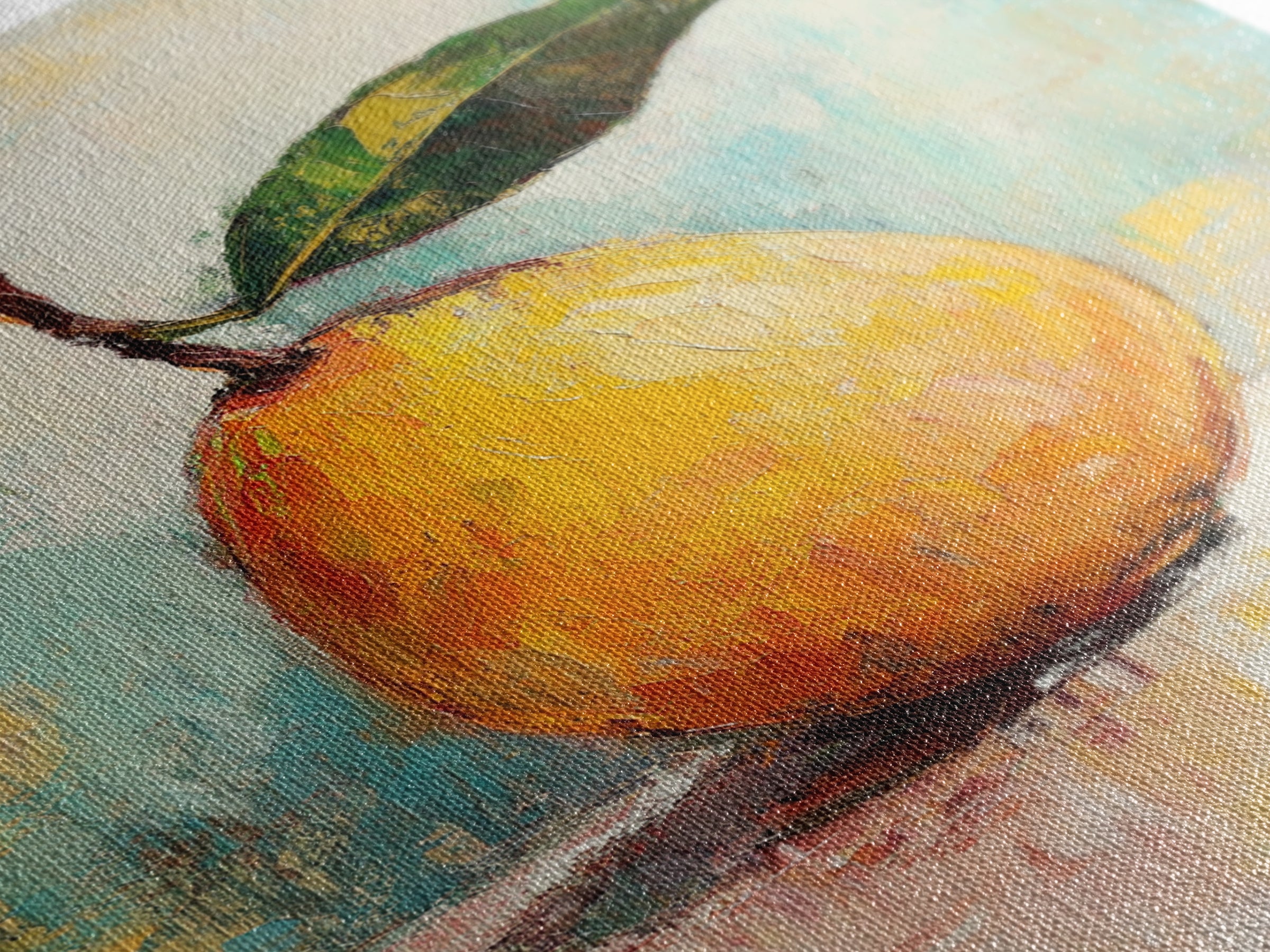 Golden Pear With Green Leaf Wall Art, Textured Fruit Still Life Oil Painting, Kitchen Wall Art, Farmhouse Home Decor, Dining Room Print