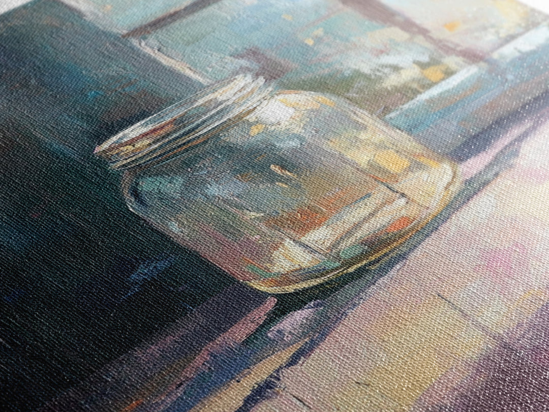 Sunlit Mason Jar On Windowsill Canvas Print, Minimalist Still Life Oil Painting, Rustic Kitchen Decor, Farmhouse Wall Art