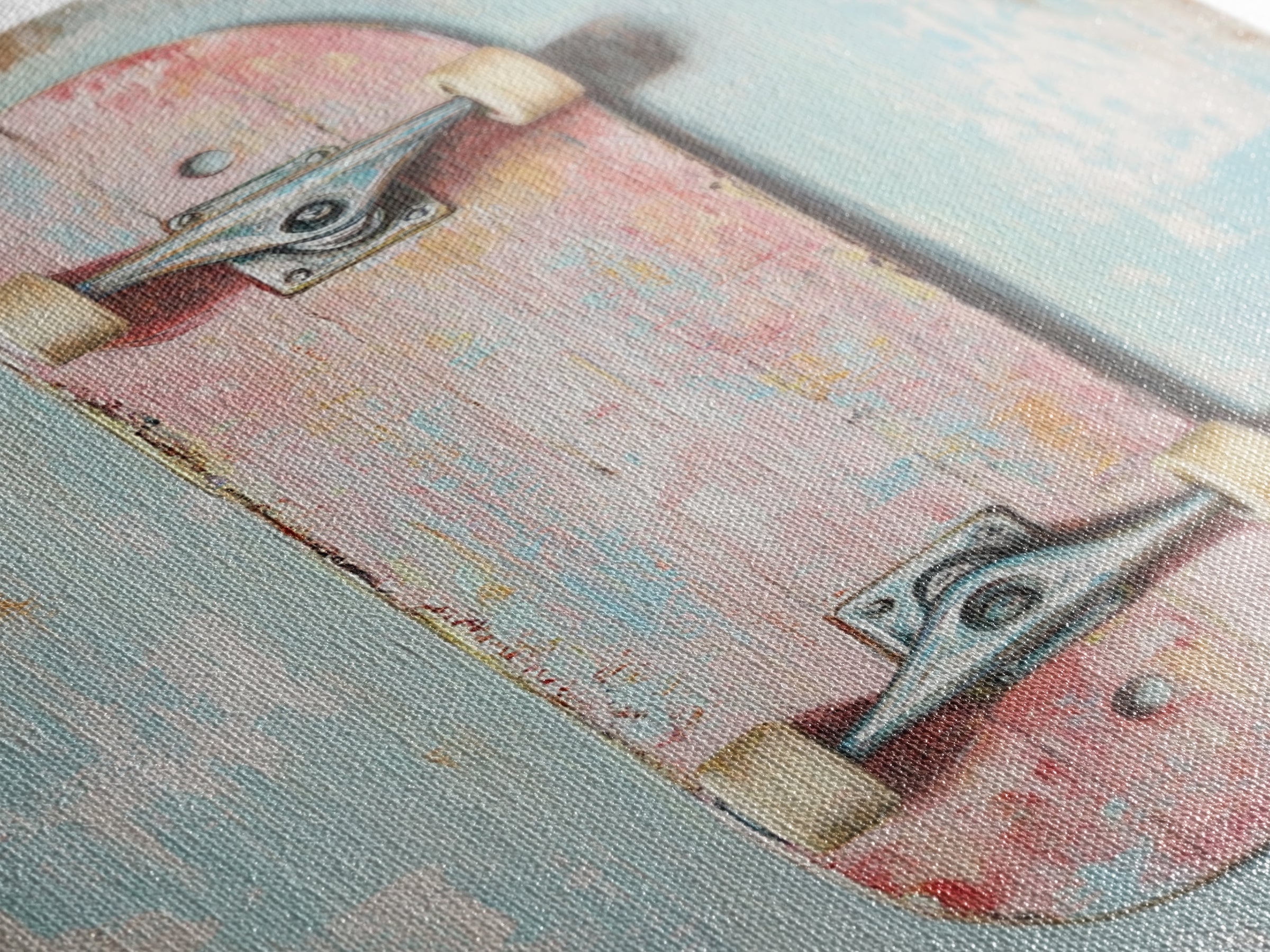 Pastel Pink Skateboard On Distressed Blue Wall Art, Retro Sport Decor, Skater Gift, Trendy Canvas Print For Kids Room Decor